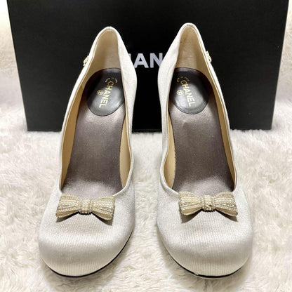 CHANEL Shoes Pumps Heel Cocomark EU 38 US 8 Silver Gray Authentic