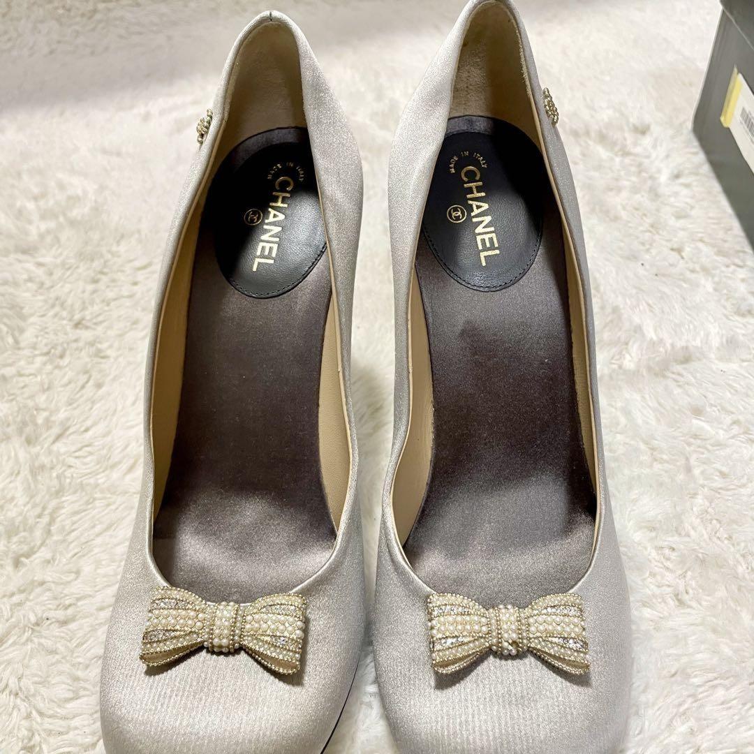 CHANEL Shoes Pumps Heel Cocomark EU 38 US 8 Silver Gray Authentic