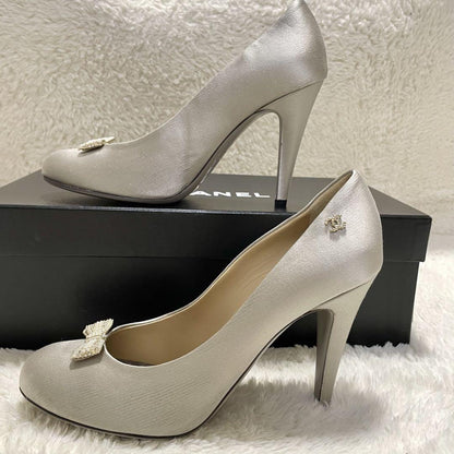 CHANEL Shoes Pumps Heel Cocomark EU 38 US 8 Silver Gray Authentic