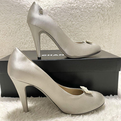 CHANEL Shoes Pumps Heel Cocomark EU 38 US 8 Silver Gray Authentic