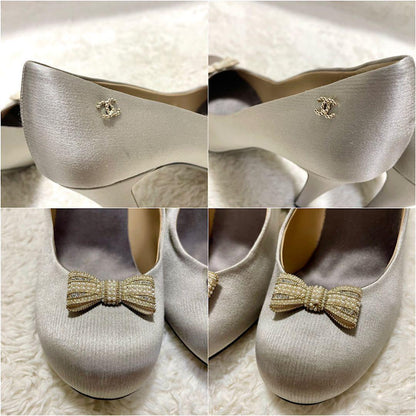 CHANEL Shoes Pumps Heel Cocomark EU 38 US 8 Silver Gray Authentic