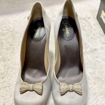CHANEL Shoes Pumps Heel Cocomark EU 38 US 8 Silver Gray Authentic