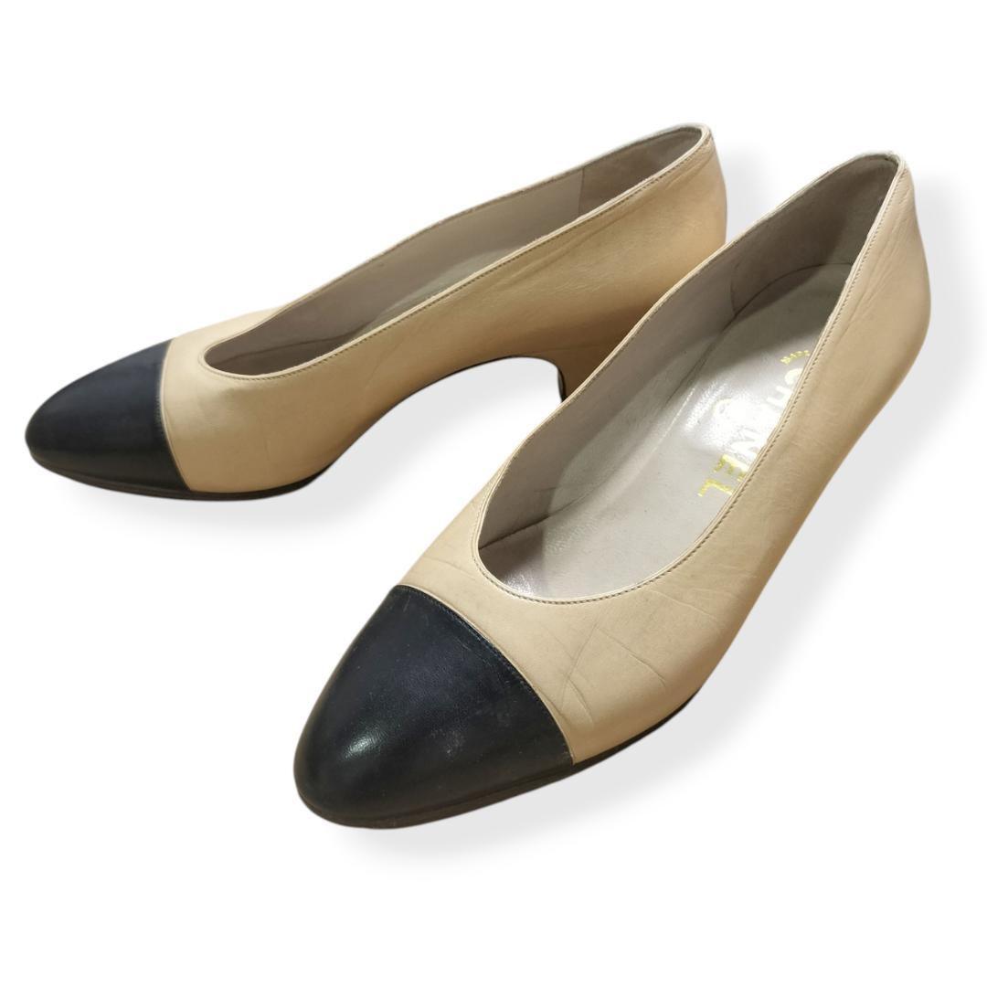 CHANEL Shoes Pumps Heel EU 36 US 6 Leather Beige Authentic