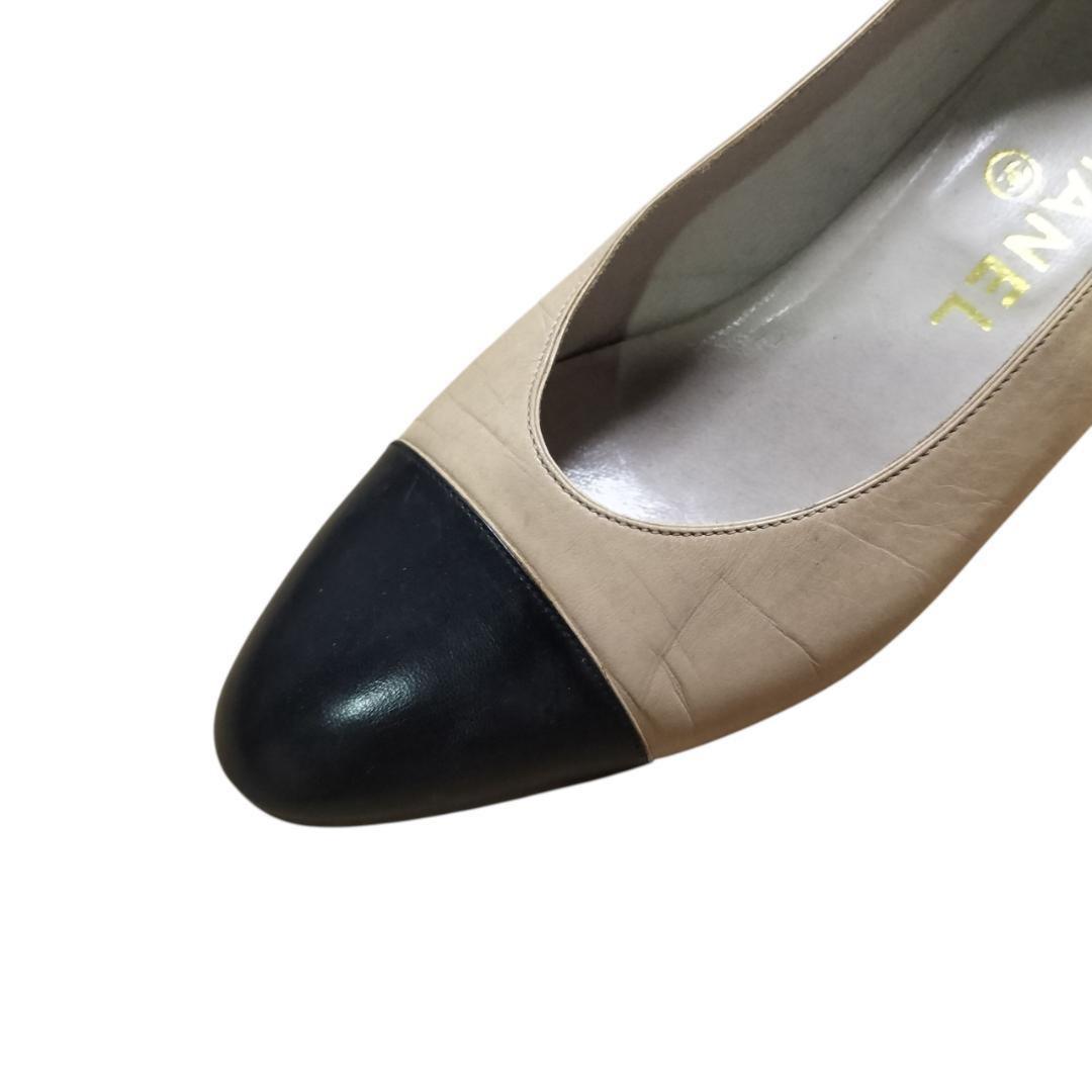 CHANEL Shoes Pumps Heel EU 36 US 6 Leather Beige Authentic