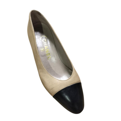 CHANEL Shoes Pumps Heel EU 36 US 6 Leather Beige Authentic