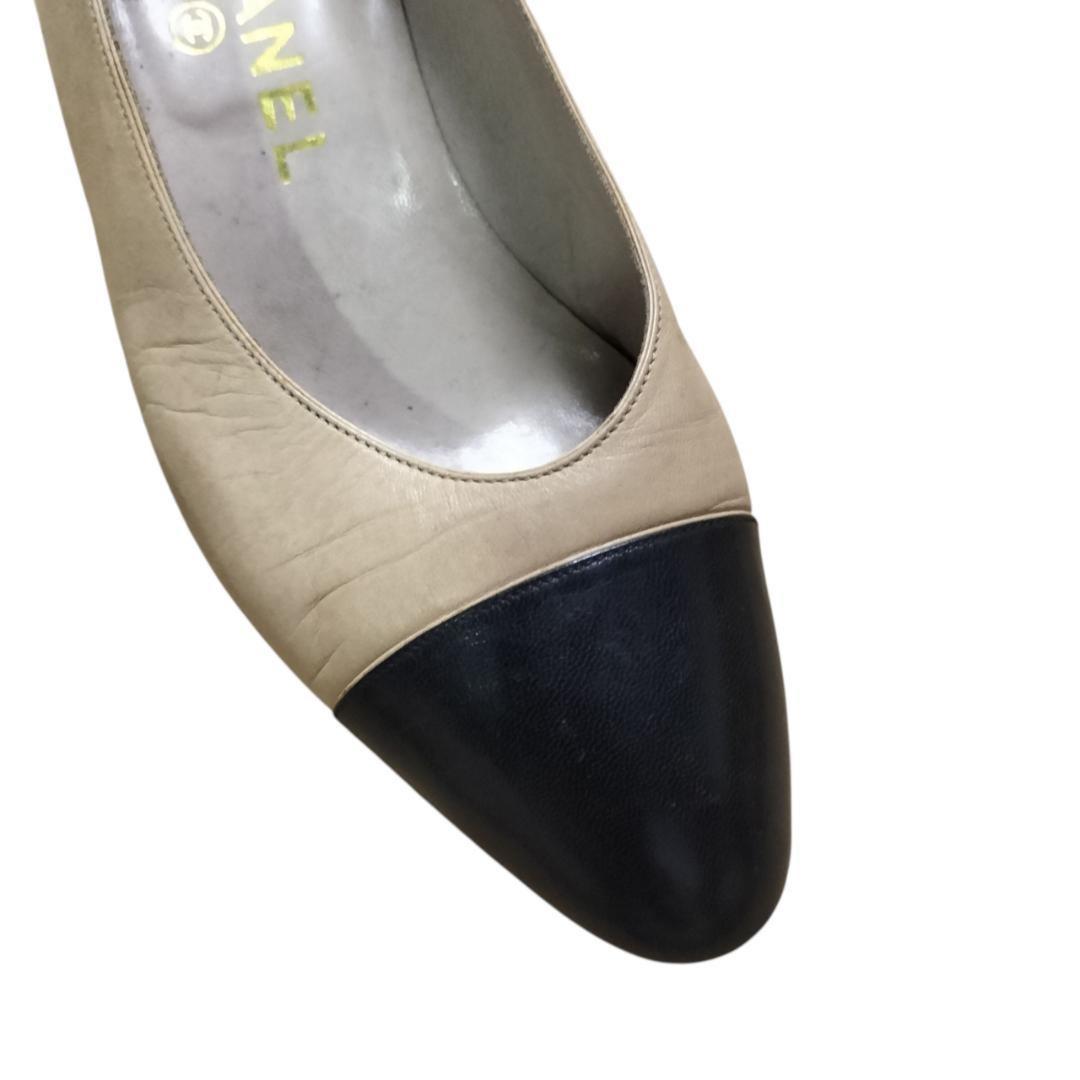 CHANEL Shoes Pumps Heel EU 36 US 6 Leather Beige Authentic