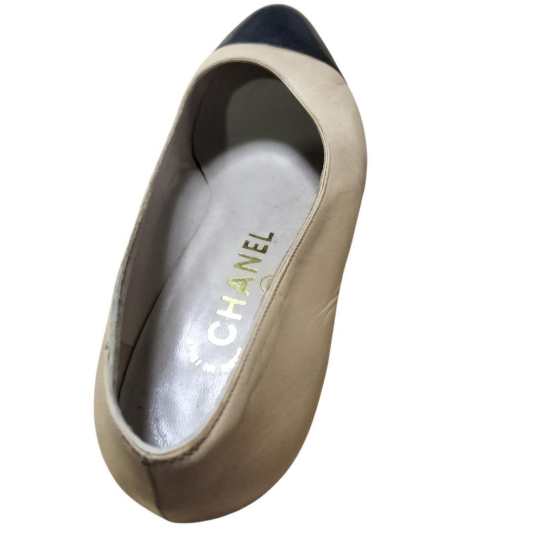 CHANEL Shoes Pumps Heel EU 36 US 6 Leather Beige Authentic