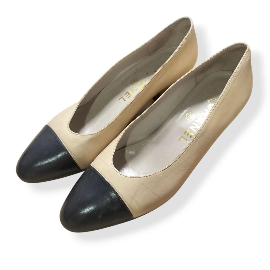 CHANEL Shoes Pumps Heel EU 36 US 6 Leather Beige Authentic