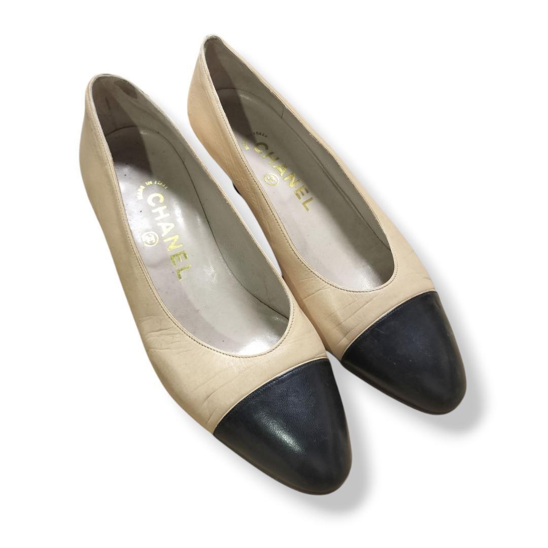 CHANEL Shoes Pumps Heel EU 36 US 6 Leather Beige Authentic
