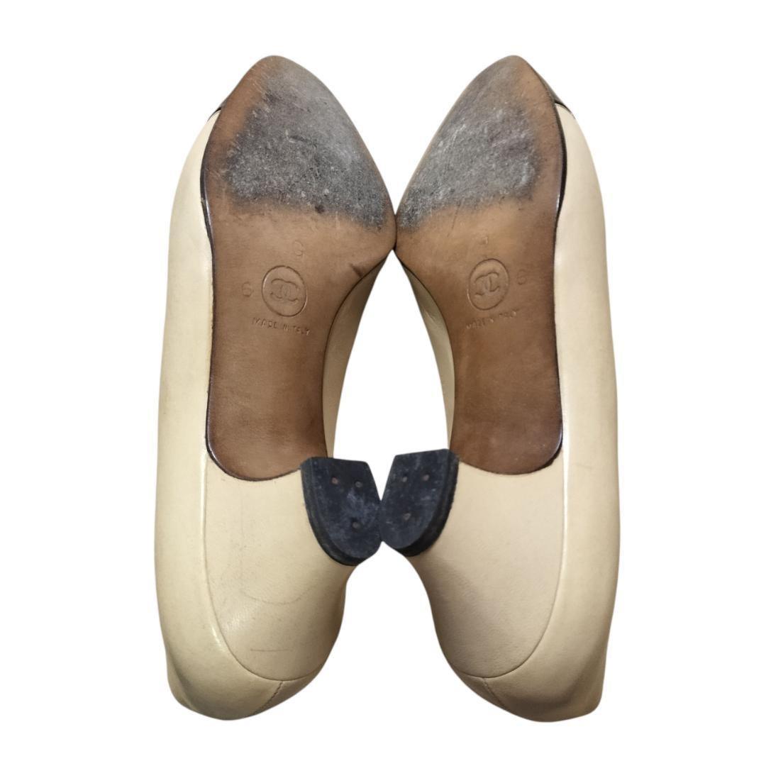 CHANEL Shoes Pumps Heel EU 36 US 6 Leather Beige Authentic