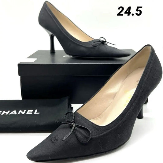 CHANEL Shoes Pumps Heel Cocomark EU 37.5 US 7.5 Canvas Black Authentic