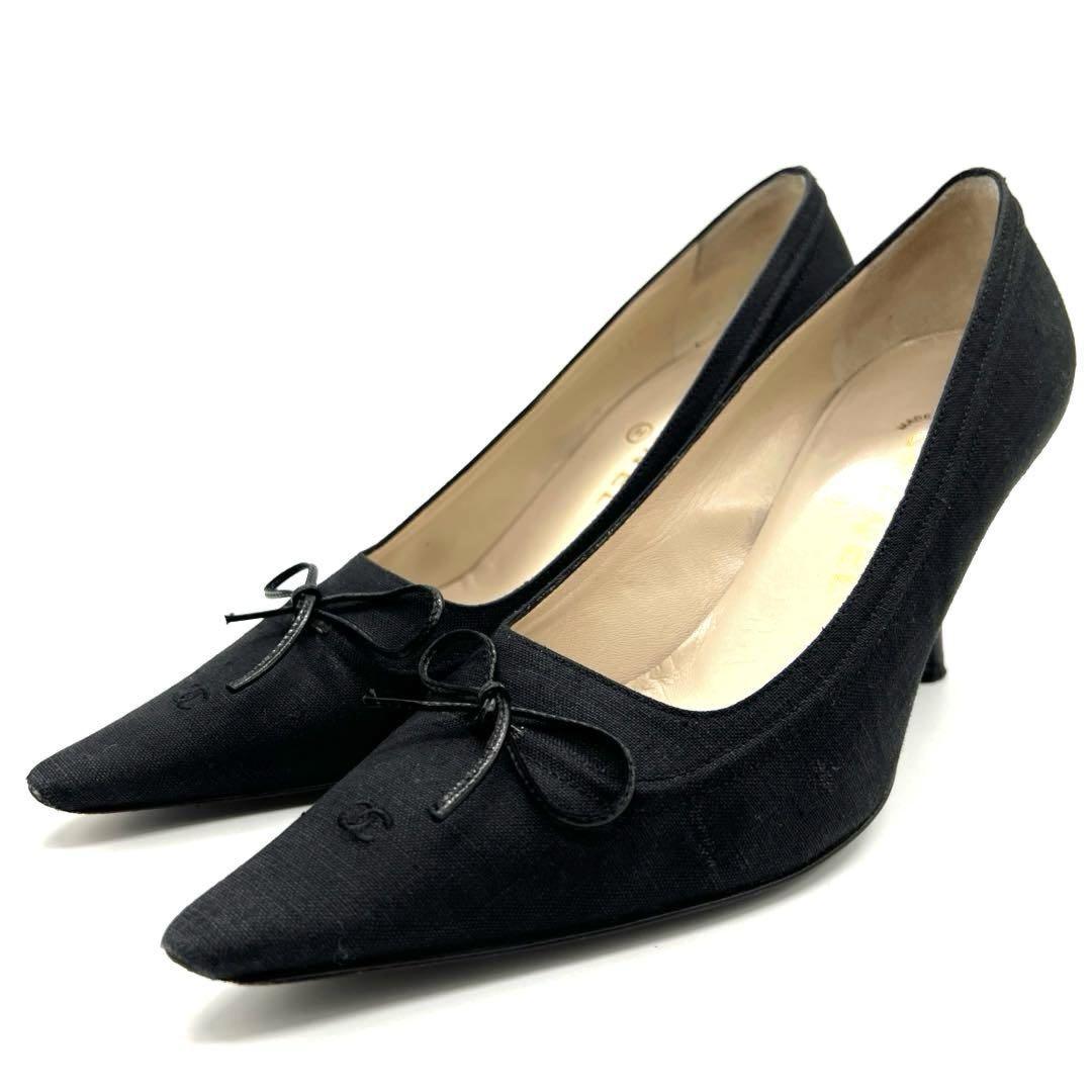 CHANEL Shoes Pumps Heel Cocomark EU 37.5 US 7.5 Canvas Black Authentic