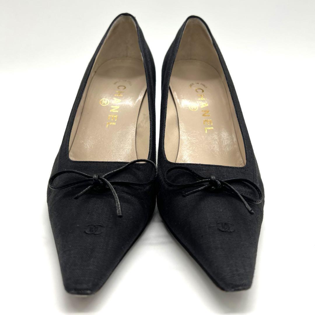 CHANEL Shoes Pumps Heel Cocomark EU 37.5 US 7.5 Canvas Black Authentic