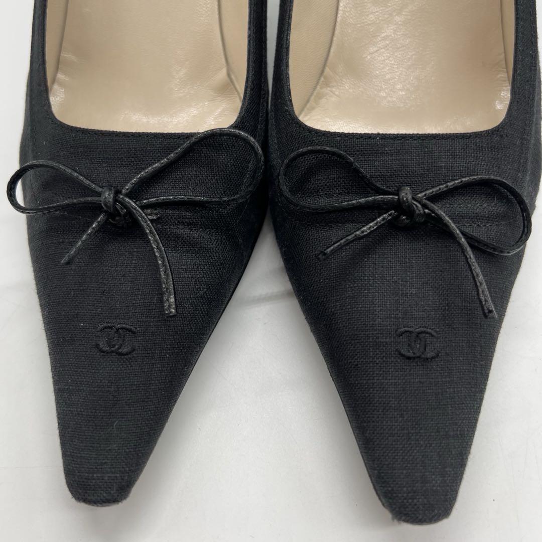 CHANEL Shoes Pumps Heel Cocomark EU 37.5 US 7.5 Canvas Black Authentic