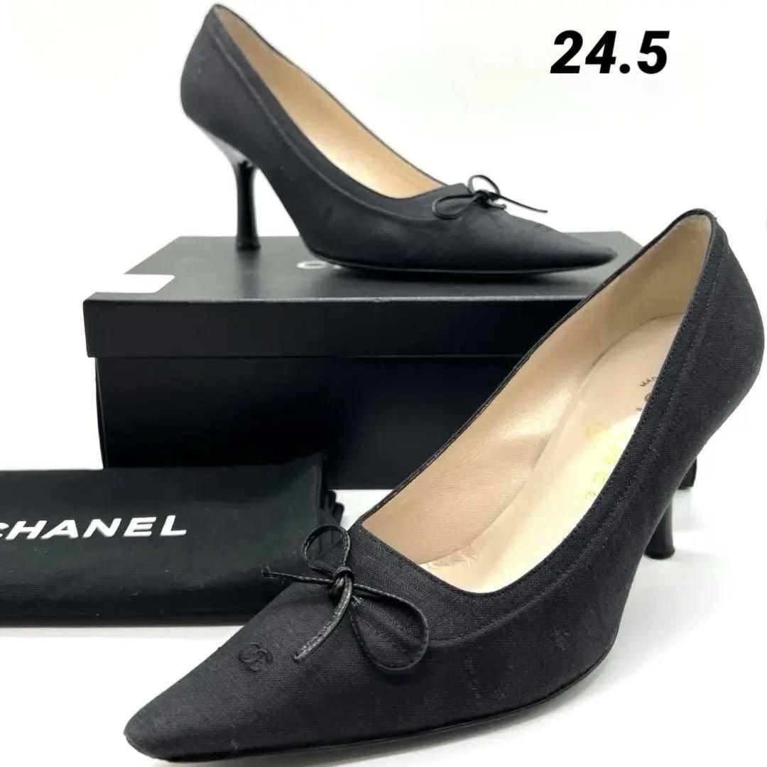 CHANEL Shoes Pumps Heel Cocomark EU 37.5 US 7.5 Canvas Black Authentic