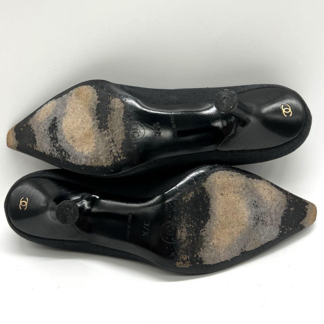 CHANEL Shoes Pumps Heel Cocomark EU 37.5 US 7.5 Canvas Black Authentic