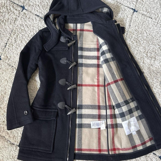 BURBERRY Duffle Coat Nova Check Asian fit S US size XS Navy Authentic