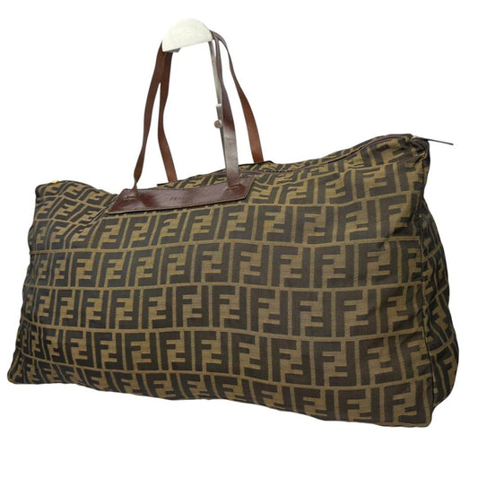 FENDI Boston Bag Hand Tote Purse FF Zucca Canvas Leather Khaki Brown Authentic