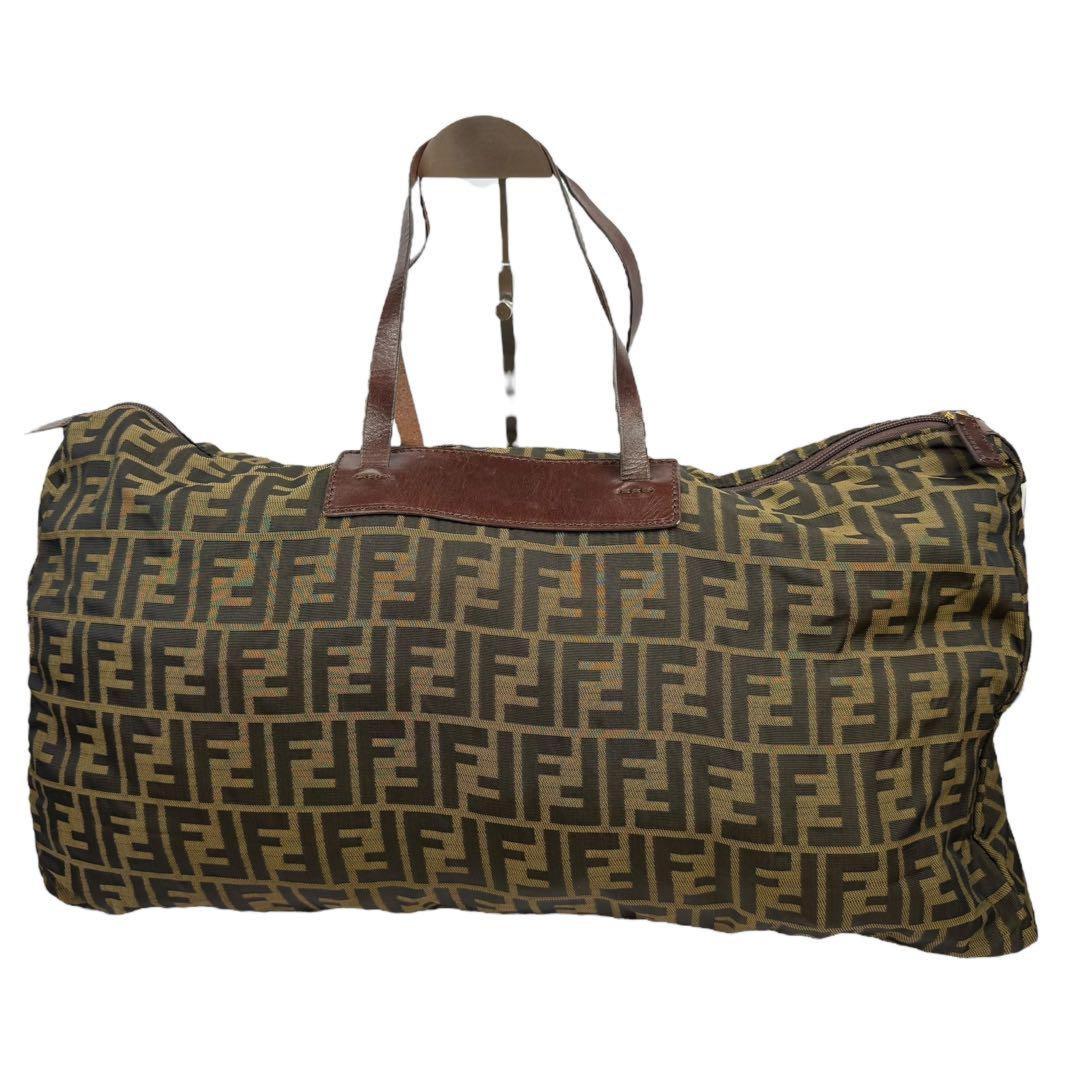 FENDI Boston Bag Hand Tote Purse FF Zucca Canvas Leather Khaki Brown Authentic