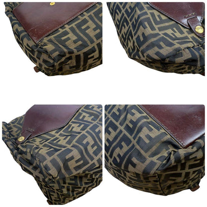 FENDI Boston Bag Hand Tote Purse FF Zucca Canvas Leather Khaki Brown Authentic