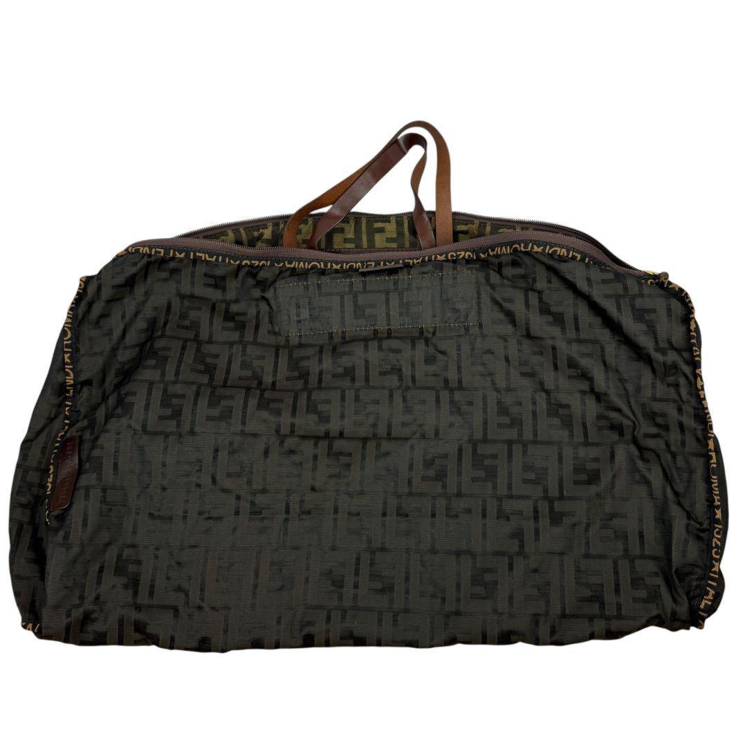FENDI Boston Bag Hand Tote Purse FF Zucca Canvas Leather Khaki Brown Authentic