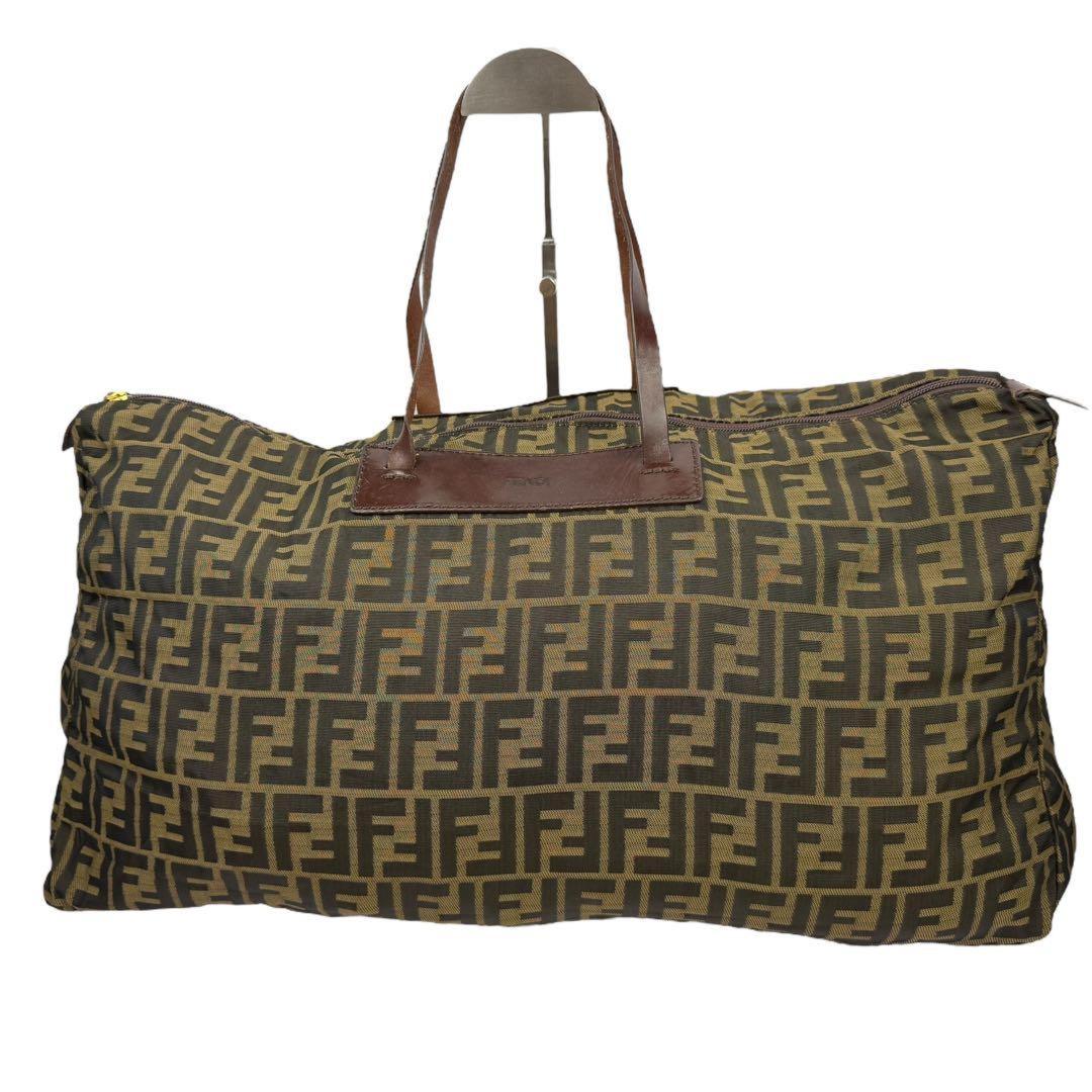 FENDI Boston Bag Hand Tote Purse FF Zucca Canvas Leather Khaki Brown Authentic