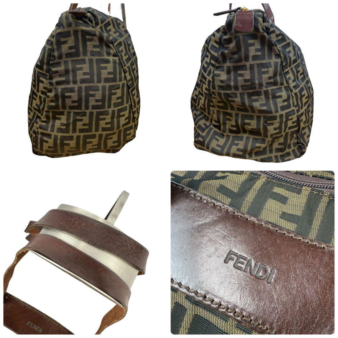 FENDI Boston Bag Hand Tote Purse FF Zucca Canvas Leather Khaki Brown Authentic