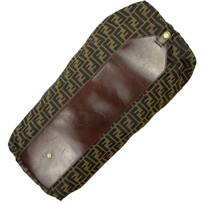 FENDI Boston Bag Hand Tote Purse FF Zucca Canvas Leather Khaki Brown Authentic