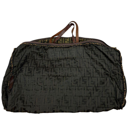 FENDI Boston Bag Hand Tote Purse FF Zucca Canvas Leather Khaki Brown Authentic