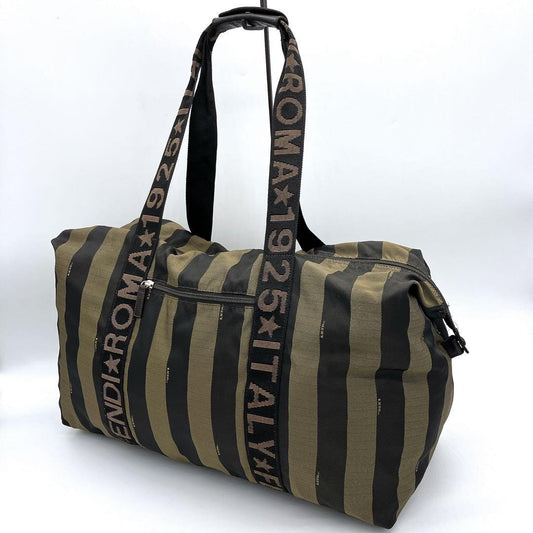 FENDI Boston Bag Logo Pecan Nylon Black Brown Authentic