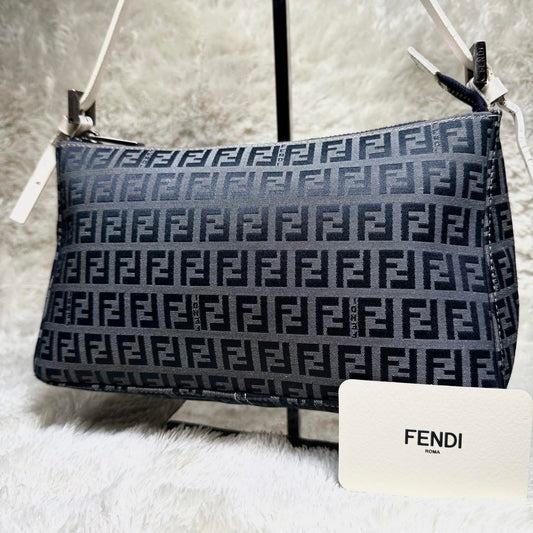FENDI Shoulder Bag Purse Accessory Pouch FF Zucchino Canvas Navy White Authentic
