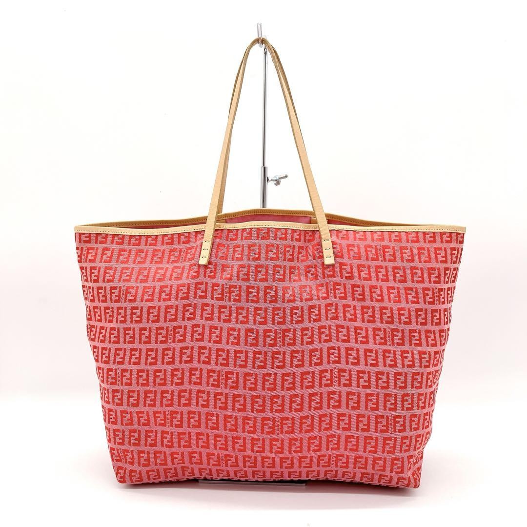 FENDI Hand Bag Tote Purse FF Zucchino Canvas Leather Red Pink Authentic
