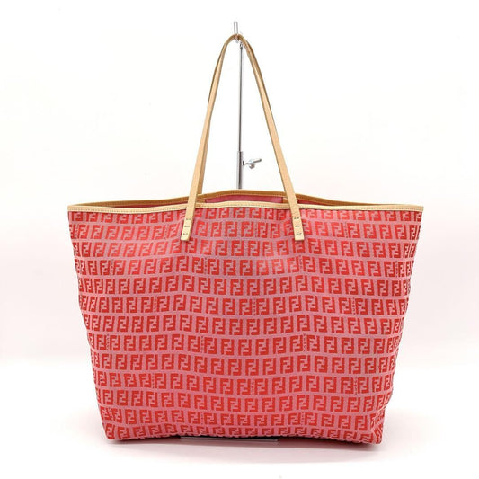 FENDI Hand Bag Tote Purse FF Zucchino Canvas Leather Red Pink Authentic