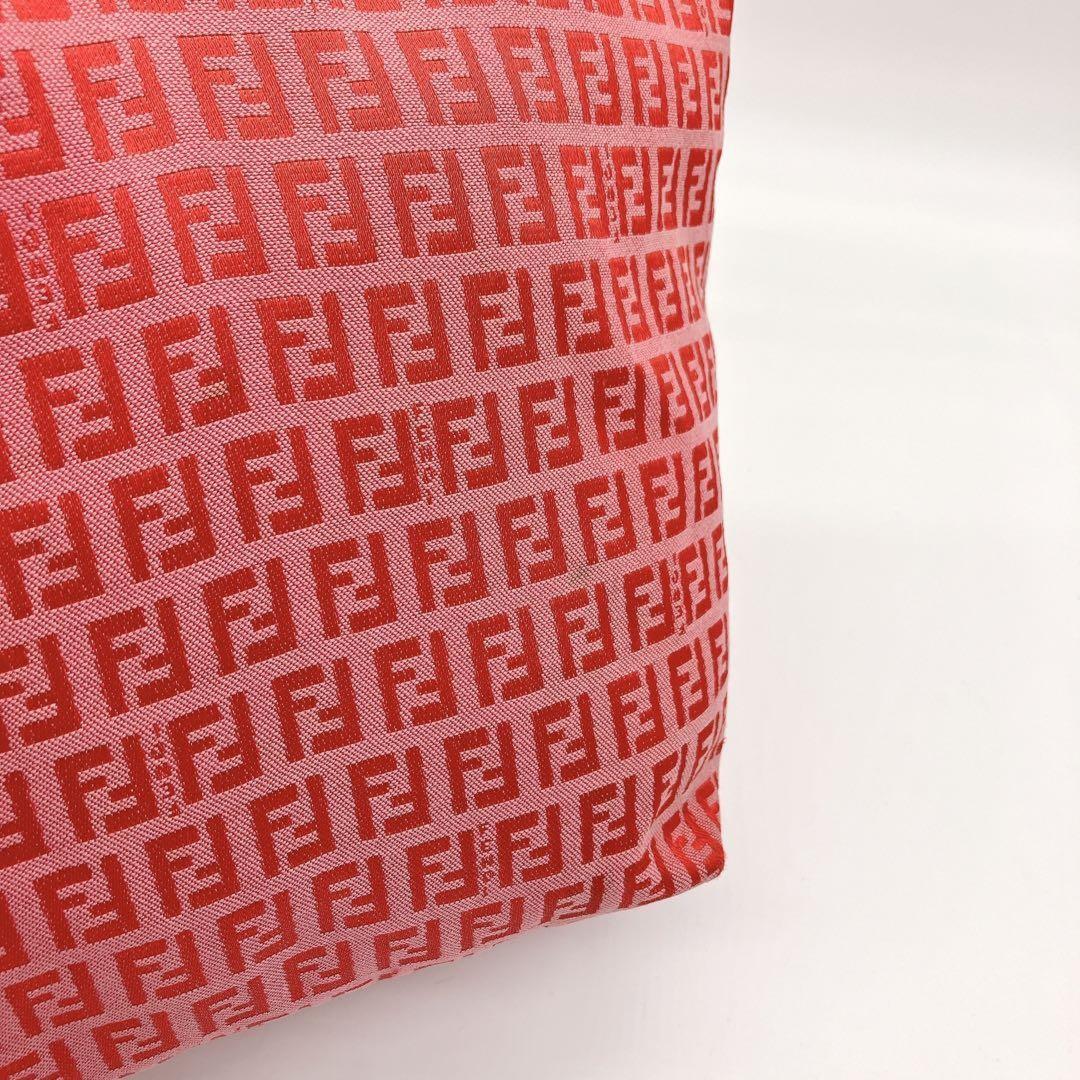 FENDI Hand Bag Tote Purse FF Zucchino Canvas Leather Red Pink Authentic