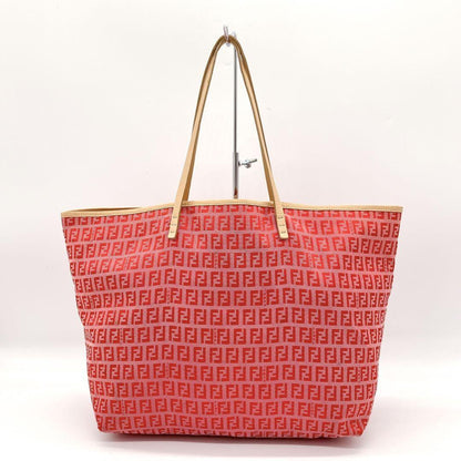 FENDI Hand Bag Tote Purse FF Zucchino Canvas Leather Red Pink Authentic