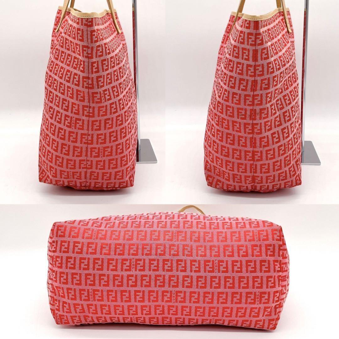FENDI Hand Bag Tote Purse FF Zucchino Canvas Leather Red Pink Authentic