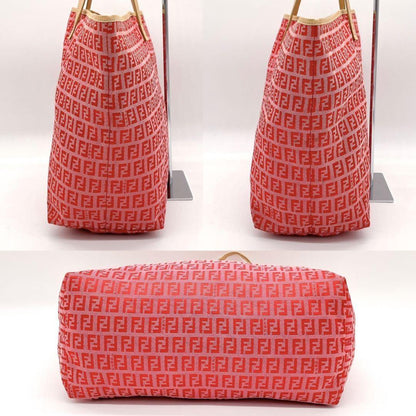 FENDI Hand Bag Tote Purse FF Zucchino Canvas Leather Red Pink Authentic