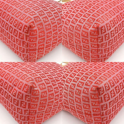 FENDI Hand Bag Tote Purse FF Zucchino Canvas Leather Red Pink Authentic