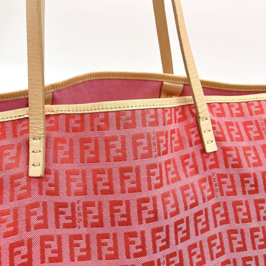 FENDI Hand Bag Tote Purse FF Zucchino Canvas Leather Red Pink Authentic