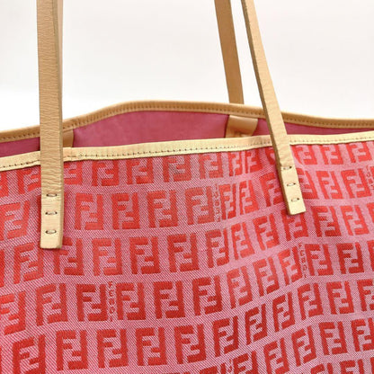 FENDI Hand Bag Tote Purse FF Zucchino Canvas Leather Red Pink Authentic