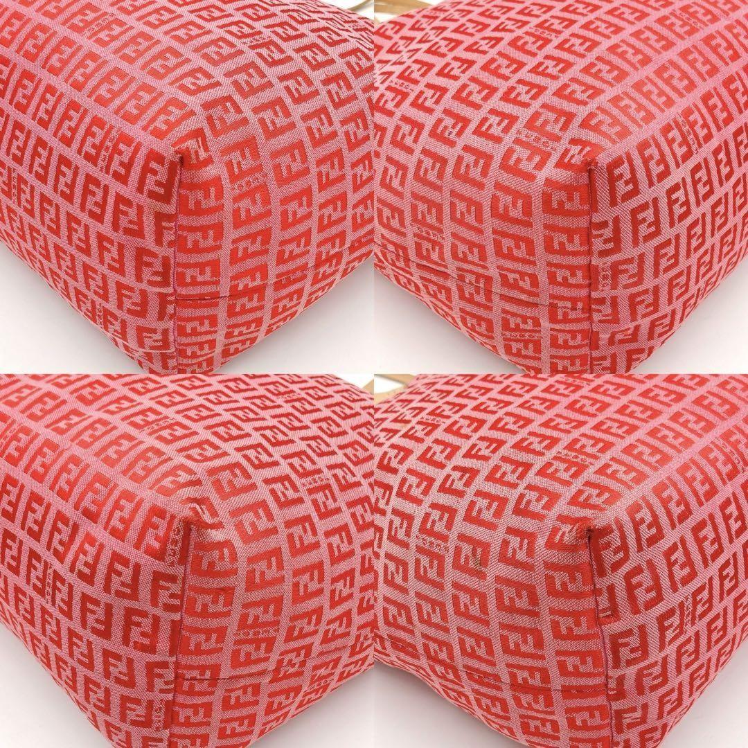 FENDI Hand Bag Tote Purse FF Zucchino Canvas Leather Red Pink Authentic