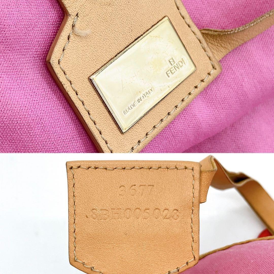FENDI Hand Bag Tote Purse FF Zucchino Canvas Leather Red Pink Authentic