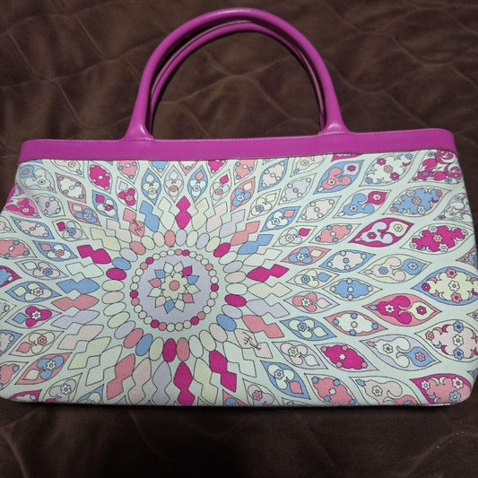 EMILIO PUCCI Hand Bag Tote Purse Canvas Leather Pink Multicolor Authentic