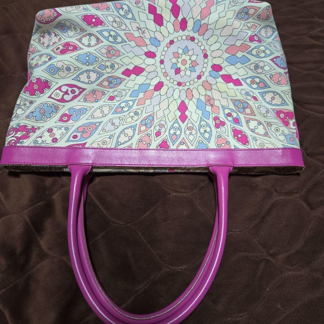 EMILIO PUCCI Hand Bag Tote Purse Canvas Leather Pink Multicolor Authentic