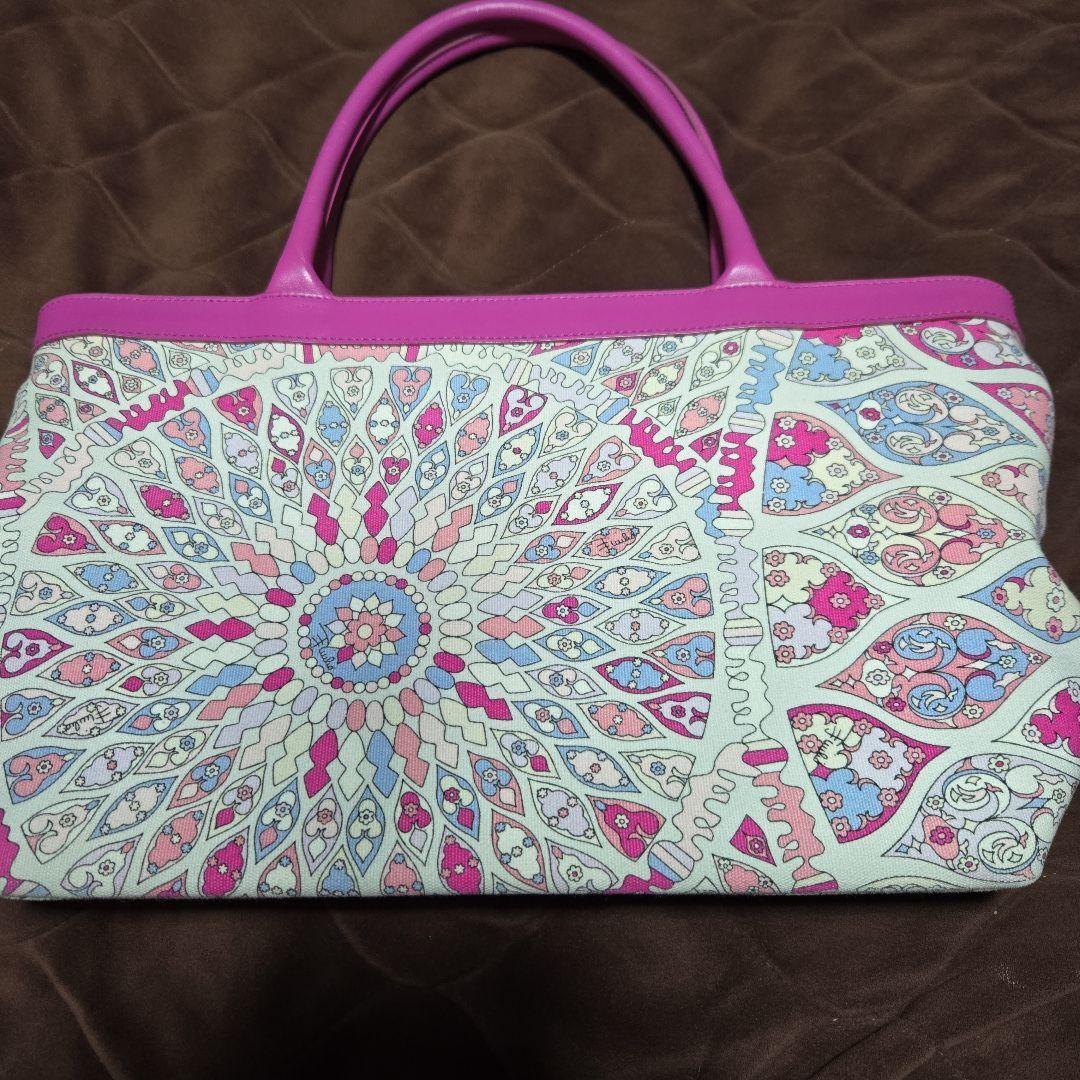 EMILIO PUCCI Hand Bag Tote Purse Canvas Leather Pink Multicolor Authentic