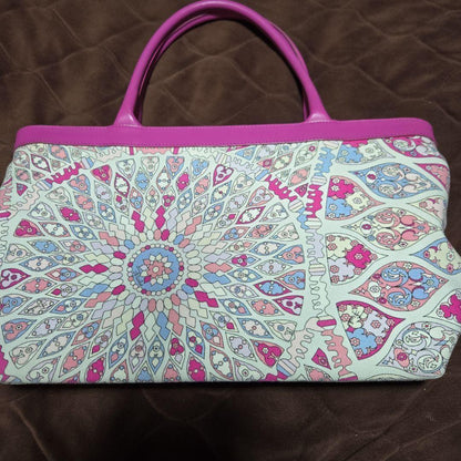 EMILIO PUCCI Hand Bag Tote Purse Canvas Leather Pink Multicolor Authentic