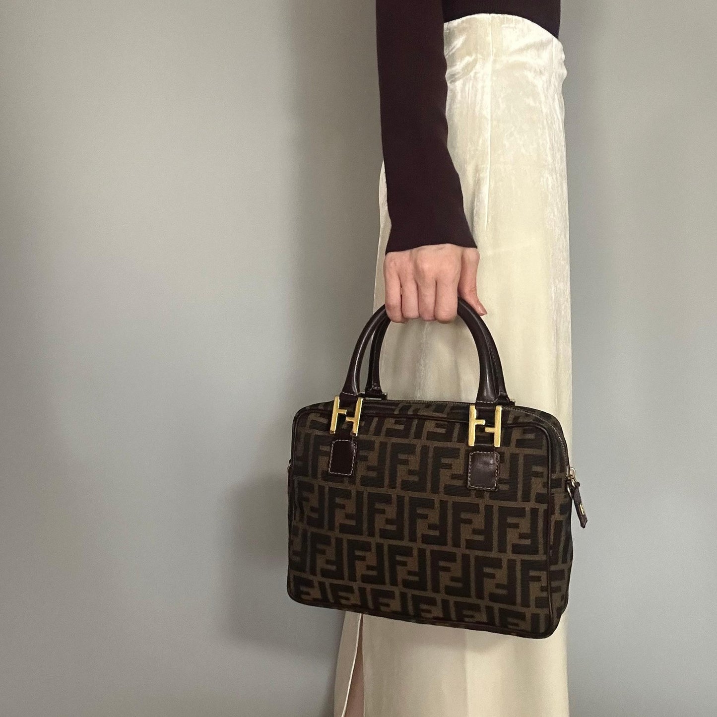 FENDI Bag FF Zucca Hand Tote Purse Canvas Leather Brown Gold  Used Authentic