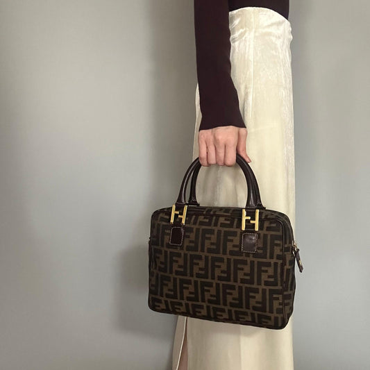 FENDI Bag FF Zucca Hand Tote Purse Canvas Leather Brown Gold  Used Authentic