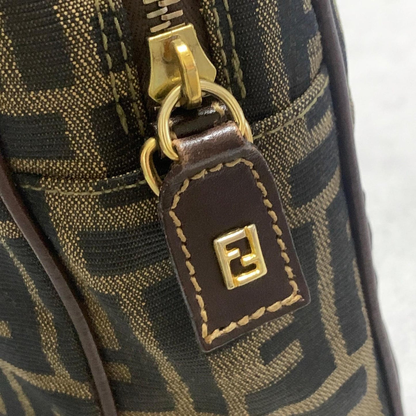 FENDI Bag FF Zucca Hand Tote Purse Canvas Leather Brown Gold  Used Authentic