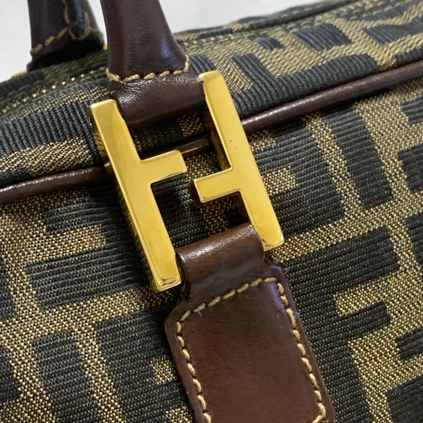 FENDI Bag FF Zucca Hand Tote Purse Canvas Leather Brown Gold  Used Authentic